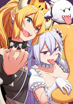 alternate_species big_tail blonde_hair blue_eyes breasts clothing crossgender crown female gloves group hair handwear headgear horn humanoid_pointy_ears humanoidized long_hair open_mouth pointy_ears purple_eyes sharp_teeth super_crown tail teeth tongue tongue_out pararan bowsette_meme luigi's_mansion mario_bros nintendo boosette bowser king_boo animal_humanoid boo_(mario) ghost humanoid koopa scalie spirit 2018 meme