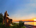 2020 anthro beach brown_body brown_fur canid canine day detailed_background digital_media_(artwork) fur grass male mammal maned_wolf nude outside plant seaside sitting sky smile solo sun swish