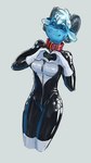 anthro biped breasts clothing collar eyes_closed female hair horn latex latex_clothing latex_skinsuit red_collar rubber_clothing simple_background skinsuit smile solo tight_clothing peskybatfish bovid caprine goat mammal 2022