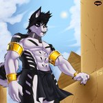 anthro bottomwear bulge clothing detailed_bulge egyptian genital_outline loincloth male sheath_outline solo teasing roysartworks baeo canid canine mammal 1:1 absurd_res hi_res