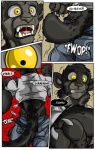 anthro biceps black-rat bottomwear claws clenched_teeth clothed clothing comic dialogue english_text felid fur hi_res jaguar leopard male mammal melanistic muscular muscular_anthro muscular_male pantherine pants paws shirt simple_background snout solo speech_bubble spots tail teeth text topwear torn_clothing transformation