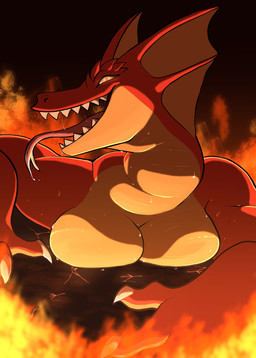 anthro bodily_fluids breasts claws crawling female fire long_neck long_tongue looking_at_viewer lying multicolored_body muscular muscular_female on_front on_ground orange_eyes red_body red_scales saliva scales simple_background smile solo sweat teeth teeth_showing tongue two_tone_body carameltsi dungeons_of_aether rivals_of_aether artemis_(dungeons_of_aether) komodo_dragon lizard monitor_lizard reptile scalie absurd_res colored hi_res shaded