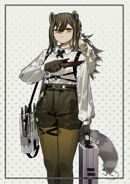 blouse bottomwear briefcase brown_eyes brown_hair clothing ear_piercing female hair holding_object holding_weapon knife piercing ponytail shorts solo throwing_knife topwear weapon fuguri arknights hypergryph studio_montagne robin_(arknights) mammal procyonid raccoon absurd_res hi_res portrait three-quarter_portrait