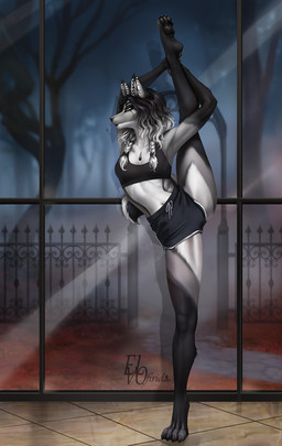 4_toes anthro biped bottomwear breasts claws clothed clothed_anthro clothed_female clothing ear_piercing facial_piercing feet female fingers flexible front_view fully_clothed fully_clothed_anthro fully_clothed_female fur hair inner_ear_fluff navel nose_piercing nose_ring one_leg_up piercing raised_leg ring_piercing solo splits spread_legs spreading standing tail toes topwear tuft vertical_splits elvofirida wynter_ice canid canine mammal 2026 digital_drawing_(artwork) digital_media_(artwork) hi_res