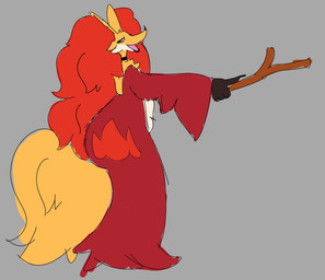 anthro black_hands fangs fur grey_background holding_object holding_stick open_mouth red_body red_fur simple_background solo standing stick tail teeth yellow_tail sweguin nintendo pokemon char_(sweguin) delphox generation_6_pokemon pokemon_(species) full-length_portrait hi_res portrait
