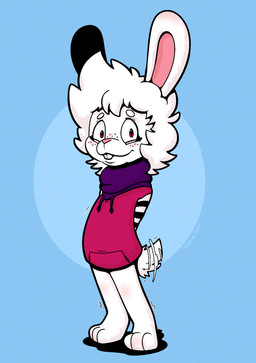 anthro blue_background clothed clothing fur looking_at_viewer male pantsless rabbit_ears red_eyes scut_tail short_tail simple_background smile smiling_at_viewer solo striped_sleeves sweater tail tail_motion tailwag topwear white_body white_fur trevor-fox lagomorph leporid mammal rabbit hi_res