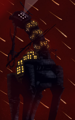 6_eyes ambiguous_gender building eye_beam featureless_chest featureless_crotch fog foggy_background glowing glowing_eyes gun gun_arm light light_beam looking_up machine meteorite missing_arm multi_eye quadruped ranged_weapon red_background red_fog simple_background solo standing three-quarter_view weapon weapon_arm window window_light pipollo new_blood_interactive ultrakill 1000-thr_earthmover robot taur 5:8 hi_res