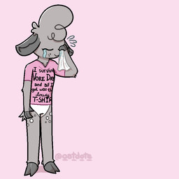 ambiguous_gender anthro bodily_fluids bottomless clothed clothing countershade_torso countershading crying eyes_closed fur grey_body grey_fur head_tuft monotone_background pink_clothing pivoted_ears scut_tail shirt short_tail simple_background solo t-shirt tail tears text text_on_clothing text_on_shirt text_on_topwear tissue topwear tuft white_body white_fur wiping_face wiping_tears oatdote vore_day vore_day_2025 dote_(oatdote) deer mammal 1:1