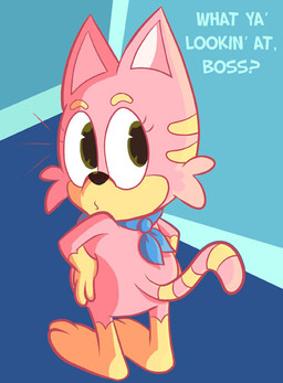 anthro clothed clothing female fur looking_back pink_body pink_fur simple_background solo tail pembrokewkorgi bandai_namco mappy namco_high meowkie domestic_cat felid feline felis mammal 2015 digital_media_(artwork)