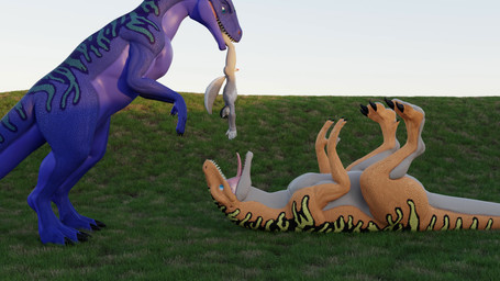 animal_genitalia anthro anus balls blue_eyes claws collar collar_only dangling digitigrade feet female feral first_person_view foot_in_mouth fur genitals grass grey_body grey_fur group half-erect imminent_vore light lying male mouth_shot nude on_back open_mouth orange_body outside penis penis_tip plant plantigrade purple_body scales sheath sky sunlight tail teeth toe_claws tongue trio upside_down vulva white_body white_fur touchmybelch calixto_(modeler) jinnoaka_(modeler) dennis_(calixto) canid canine canis dinosaur interceptor mammal prehistoric_species reptile saurischian scalie theropod wolf 16:9 3d_(artwork) 3d_animation animated digital_media_(artwork) hi_res huge_filesize loop no_sound short_playtime video widescreen