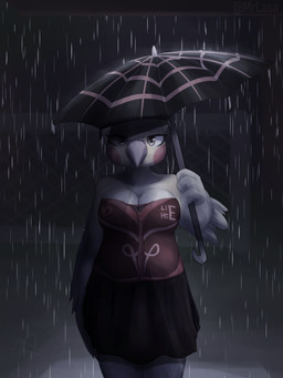 alternative_fashion black_clothing black_dress clothing dress feathers female goth raining umbrella weather white_body white_feathers masteroflasagna avian bird cockatiel cockatoo parrot 3:4 hi_res