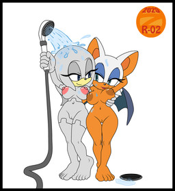 anthro areola back_wings bat_wings bathing big_areola big_breasts biped black_nose breast_fondling breast_play breasts closed_smile duo female female/female fondling front_view genitals grey_body grey_hair hair hand_on_breast holding_object looking_at_another looking_at_partner membrane_(anatomy) membranous_wings mouth_closed navel nipples nude plantigrade short_hair showering simple_background smile standing tan_body thick_thighs vulva wet wide_hips wings zeta_r-02 sega sonic_the_hedgehog_(series) rouge_the_bat zeta_the_echidna bat echidna mammal monotreme 2025 hi_res