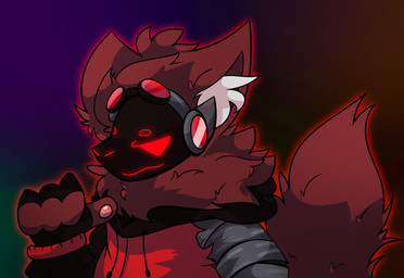 ambiguous_gender anthro clothing cybernetic_arm cybernetic_face cybernetic_limb eyewear fingerless_gloves fur gesture gloves goggles hand_gesture handwear machine pointing pointing_at_self protogen_visor red_body red_clothing red_eyes red_eyewear red_face red_fur red_glow red_goggles red_sweater red_tail red_topwear solo sweater tail thumbs_up topwear white_body white_fur white_inner_ear toastergoldie crowah protogen absurd_res hi_res