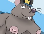 anthro big_moobs buckteeth clothing hat headgear headwear male moobs nipples overweight overweight_male simple_background smile solo teeth goobadger brok_the_investigator cowcat_games guard_(brok_the_investigator) mammal murid murine rat rodent 2025 hi_res