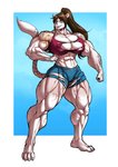 abs anthro big_breasts bottomwear breasts cleavage clothed clothing female muscular muscular_anthro muscular_female nipple_outline shorts solo tattoo torn_clothing r2roh felid mammal hi_res