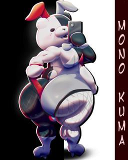 anthro belly big_belly big_butt bulge bulge_from_behind butt clothing fishnet_clothing fishnet_legwear footwear high_heels legwear looking_at_viewer looking_back male playboy_outfit shoes simple_background solo taking_picture monana-yo1 danganronpa spike_chunsoft monokuma bear mammal 4:5 absurd_res hi_res