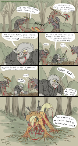 axe blood bodily_fluids female feral gore guts intestines melee_weapon nightmare_fuel organs slime tail text weapon poor_yorick friendship_is_magic hasbro my_little_pony applejack_(mlp) canid diamond_dog_(mlp) earth_pony equid equine horse mammal pony undead zombie comic english_text hi_res