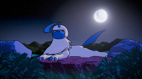 ambiguous_gender feral fur grass lying moon night on_front outside plant red_eyes rock solo tail white_body white_fur aquinas_audax blender_eevee nintendo pokemon absol canid canine generation_3_pokemon mammal pokemon_(species) 16:9 2025 3d_(artwork) 4k absurd_res blender_(artwork) digital_media_(artwork) hi_res widescreen