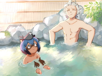 ambiguous_gender anthro black_body blue_eyes blue_hair brown_body brown_fur carrying_another eyes_closed female feral fur group hair hot_spring male on_head onsen partially_submerged relaxing short_hair smile trio water ochika_yorumo brand_new_animal studio_trigger michiru_kagemori shirou_ogami avian canid canine human mammal raccoon_dog tanuki 4:3 absurd_res hi_res