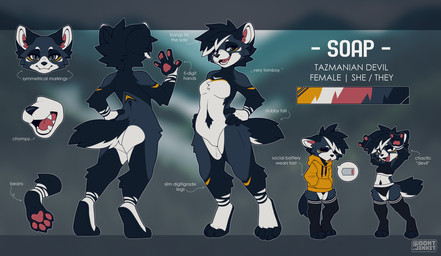 anthro biped bottomwear breasts butt claws clothed clothed_anthro clothed_female clothing countershade_torso countershading feet female fingers front_view fully_clothed fully_clothed_anthro fully_clothed_female fur hair looking_at_viewer nude nude_anthro nude_female pawpads paws smile solo standing tail teeth text toes tongue topwear jinxit dasyurid dasyuromorph mammal marsupial tasmanian_devil 2026 digital_drawing_(artwork) digital_media_(artwork) english_text hi_res model_sheet