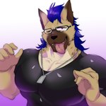 anthro black_clothing black_shirt black_topwear blue_hair clothing dog_tags eyewear fur glasses hair male muscular muscular_male pecs purple_eyes shirt solo tan_body tan_fur topwear owatana0 waidan_kai hyena mammal spotted_hyena 1:1 absurd_res hi_res