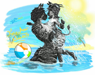 anthro ball beach beach_ball day detailed_background duo eyewear femboy goggles holidays inflatable male male/male muscular outside piercing sand seaside shadow sky summer sun water wet kbiscuitcat new_year buda_(kiwa_flowcat) marble_(kiwa_flowcat) equid equine mammal zebra 2016 2017