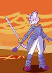 absurd_res anthro armor blaze_the_cat boots clothed clothing digital_media_(artwork) female footwear fur gloves handwear hi_res high_heeled_boots high_heels lava melee_weapon nokamiwd purple_body purple_fur sega shoes sir_percival_(sonic_and_the_black_knight) solo sonic_and_the_black_knight sonic_storybook_series sonic_the_hedgehog_(series) sword volcano warrior weapon