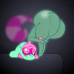 anthro bent_over big_butt butt butt_flap clothing female green_hair hair heart_pupils heart_symbol huge_butt hyper loli looking_at_viewer onesie pajamas pink_body pink_eyes smile solo young young_anthro young_female norithics praise_da_booty_(meme) kestral_spectra mammal procyonid raccoon 1:1