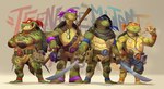 anthro belt clothing eating food group holding_melee_weapon holding_object holding_sword holding_weapon male mask melee_weapon pizza sword teeth weapon nicolasaviori teenage_mutant_ninja_turtles donatello_(tmnt) leonardo_(tmnt) michelangelo_(tmnt) raphael_(tmnt) reptile scalie turtle 2022 hi_res