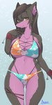 amber_eyes anthro big_breasts bikini biped black_body black_fur black_nose breasts chest_tuft clothing female fur hair inner_ear_fluff kemono long_hair purple_body purple_fur smile solo straps swimwear tuft two-piece_swimsuit wristband arumo vtuber exy canid canine canis mammal wolf 1:2 hi_res