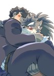 anthro belt blush bridal_carry carrying_another clothing cuddling duo embarrassed eyebrows hair hug male male/male overweight ponytail scar school_uniform thick_eyebrows uniform kusarikakemono lifewonders tokyo_afterschool_summoners chubby_protagonist_(tas) protagonist_(tas) shino_(tas) canid canine canis domestic_dog human mammal hi_res