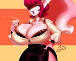 anthro beverage big_breasts big_tail black_bra black_clothing black_underwear bottomwear bouncing_breasts bra bra_peek breasts bulging_breasts cleavage cleavage_overflow clothed clothing coffee_cup container cup eyebrow_through_hair eyebrows female fur hair holding_beverage holding_object huge_breasts implied_breast_expansion lipstick looking_down makeup pink_body pink_fur popped_button red_hair shirt short_hair simple_background skirt solo standing tail thigh_gap top_heavy topwear translucent translucent_hair underwear wardrobe_malfunction white_clothing white_shirt white_topwear ooo-belise-ooo colette_(belise) domestic_cat felid feline felis mammal watermark