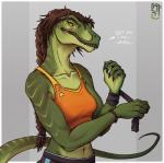 5_fingers abs amber_eyes anthro bra braided_hair breasts brown_hair claws clothing female fingers green_body green_skin hair midriff muscular muscular_anthro muscular_female navel non-mammal_breasts smile solo teeth underwear sunkenshrines yvonne_(lolzguy) dinosaur dromaeosaurid prehistoric_species reptile scalie theropod 2019 digital_media_(artwork)