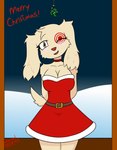 anthro clothing dress female holidays looking_at_viewer mistletoe one_eye_closed plant smile solo wink winking_at_viewer samuel-neocros christmas target_corporation spot_(jayrnski) canid canine canis domestic_dog mammal digital_media_(artwork) hi_res