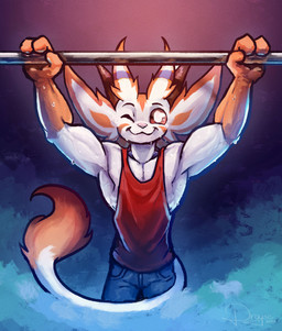 3_fingers anthro blue_bottomwear blue_clothing blue_pants bodily_fluids bottomwear brown_eyes clothing dipstick_tail exercise fingers front_view fur gloves_(marking) holding_weights looking_at_viewer male markings muscular muscular_anthro muscular_male one_eye_closed pants pink_nose pupils red_clothing red_shirt red_tank_top red_topwear shirt slim_anthro slim_male sweat tail tail_markings tank_top topwear weightlifting white_body white_fur white_pupils wink winking_at_viewer workout drayse microsoft ori_(series) xbox_game_studios apoy fan_character guardian_spirit 2024 digital_drawing_(artwork) digital_media_(artwork) hi_res signature