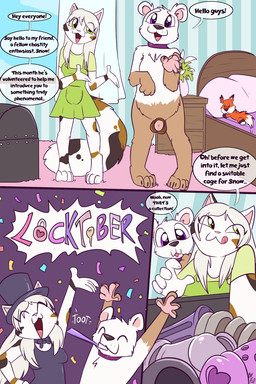 balls chastity_cage chastity_device clothing dialogue dress duo female genitals male nude penis text fuf locktober selene_blackcat bear calico_cat domestic_cat felid feline felis mammal 2:3 comic english_text hi_res
