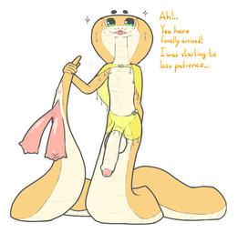 2_penises 3_penises abstract_background accessory animal_genitalia animal_penis anus apode balls big_penis dialogue genitals green_eyes hemipenes humanoid_genitalia humanoid_penis legless looking_at_viewer male multi_genitalia multi_penis orange_body orange_scales penis raised_tail scales serpentine smile solo sparkles standing tail talking_to_viewer text vein veiny_penis yellow_clothes horiori arid_(horiori) draconcopode naga reptile scalie snake colored detailed digital_drawing_(artwork) digital_media_(artwork) english_text shaded