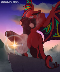 abs anthro back_wings balls big_balls big_muscles big_nipples big_pecs big_penis bodily_fluids cliff cloud erection excessive_genital_fluids excessive_precum eyes_closed facial_markings fangs foreskin genital_fluids genitals hand_behind_head head_markings horn huge_balls huge_pecs huge_penis hyper hyper_balls hyper_genitalia hyper_penis leaking_precum long_tail male markings mountain muscular muscular_arms muscular_legs muscular_male musk musky_armpit musky_balls musky_penis navel nipples open_mouth pecs penis precum raised_arms retracted_foreskin saggy_balls scrotum_flap sky solo spread_wings standing stretching sunrise tail teeth tongue tongue_out vein veiny_penis wing_markings wings yawn ppandogg european_mythology mythology dragon mythological_creature mythological_scalie scalie western_dragon hi_res