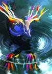 ambiguous_gender antlers blue_eyes feral glistening horn reflection solo water water_reflection wet haychel nintendo pokemon deer generation_6_pokemon legendary_pokemon mammal pokemon_(species) xerneas xerneas_(active_mode) 2014 digital_media_(artwork) distracting_watermark hi_res watermark