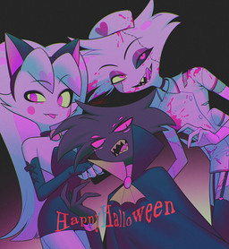 cape clothed clothing fake_cat_ears fake_ears female group hat headgear headwear holidays licking licking_lips male multi_eye nurse_clothing nurse_hat nurse_headwear tongue tongue_out trio vampire_costume enaic31 halloween hazbin_hotel hellaverse angel_dust arackniss_(hazbin_hotel) molly_(hazbin_hotel) arachnid arthropod demon humanoid spider hi_res brother_(lore) brother_and_sister_(lore) brothers_(lore) sibling_(lore) sister_(lore)