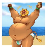 alcohol anthro beach beer beer_belly belly beverage big_belly clothing male musclegut muscular raised_arm solo speedo swimwear wristband ghgbn animal_crossing nintendo bud_(animal_crossing) felid lion mammal pantherine 1:1