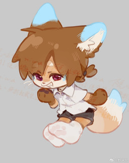 accessory anthro bangs black_bottomwear black_clothing black_shorts blue_body blue_ear_tips blue_fur blue_markings blue_tail_tip bottomwear brown_body brown_ears brown_fur brown_hair chibi circle_eyebrows clothed clothing collared_shirt dipstick_ears dipstick_tail ear_markings eyebrow_through_hair eyebrows footwear fox_ears fox_tail fur fur_markings grey_background grin grinning_at_viewer hair hair_accessory hair_tie inner_ear_fluff legwear looking_at_viewer male markings mitten_hands multicolored_ears paw_socks pawprint_pattern pawprint_socks ponytail purple_eyes shirt shorts simple_background smile smiling_at_viewer smirk smirking_at_viewer smug smug_face socks solo tail tail_markings tan_body tan_fur tan_tail tied_hair topwear translucent translucent_hair tuft weibo_logo white_clothing white_eyebrows white_inner_ear white_inner_ear_fluff white_topwear young young_anthro young_male teien weibo canid canine canis fox mammal watermark