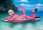 4_toes anthro balls biped black_nose blonde_hair blue_sky collar crossed_legs day detailed_background feet fur genitals hair looking_aside looking_at_viewer lying male nude on_front outside paws penis pink_body pink_fur raised_tail rocky_shore seaside short_hair side_view sky solo surfboard tail toes vehicle water watercraft whiskers felicia_cat ottah mammal mustelid otter 2017 hi_res