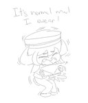 bangs begging clothing dialogue exclamation_point eyes_closed fangs female hair hat headgear headwear holding_card holding_mail horn nervous postman_hat scared shaking short_legs simple_background solo standing tail talking_to_another tears_of_fear teeth text trembling uniform white_background dump_the_gallery disney star_vs._the_forces_of_evil ransomgram_monster_(svtfoe) horned_humanoid humanoid monster tailed_humanoid monochrome sketch