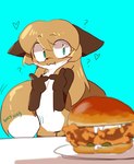 anthro big_eyes blush brown_body brown_fur brown_hair burger casual_nudity chicken_meat daww dipstick_tail female food fried_chicken fur furniture gloves_(marking) green_text hair heart_symbol markings meat multicolored_tail onomatopoeia question_mark simple_background solo sound_effects table tail tail_markings text white_body white_fur conditional_dnp fiddleafox averi_(fiddleafox) canid canine fox mammal red_fox true_fox 2021 digital_media_(artwork)