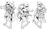 3_toes ambiguous_gender anthro armor backpack cape clothed clothing digitigrade explosives eyewear feet gas_mask goggles grenade gun headgear helmet mask multiple_poses pickaxe pose ranged_weapon simple_background solo standing submachine_gun toes weapon white_background hungrydazzle kobold scalie 2022 black_and_white line_art monochrome