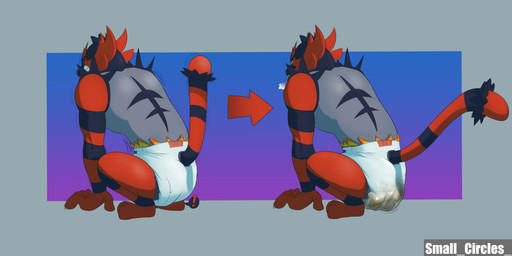 anthro biped breath clothed clothing cloud_emanata contextual_arrow diaper directional_arrow emanata feces fur hair male pooping rear_view scatplay sequential_arrow soiled_diaper soiling soiling_diaper solo unclean_diaper used_diaper using_diaper wearing_diaper wide_arrow smallcircles nintendo pokemon generation_7_pokemon incineroar pokemon_(species) 2:1 absurd_res hi_res sequence