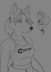 anthro big_ears breasts cleavage clothed clothing female fur hair jumpsuit long_fall_boots ponytail portal_gun shirt simple_background solo tank_top text tied_shirt topwear tuft white_background toonarscontent portal_(series) valve chell chell_(fursona) canid canine canis fennec_fox fox mammal true_fox black_and_white digital_media_(artwork) english_text hi_res monochrome sketch