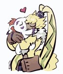 anthro bottomwear clothing duo feral fur gloves hair handwear heart_symbol long_ears male male/male pants ponytail_ears red_hair shirtless simple_background size_difference small_waist white_background white_body white_fur yellow_body yellow_fur lanllan bandai_namco digimon digimon_(species) gomamon lagomorph leporid mammal rabbit symbareangoramon