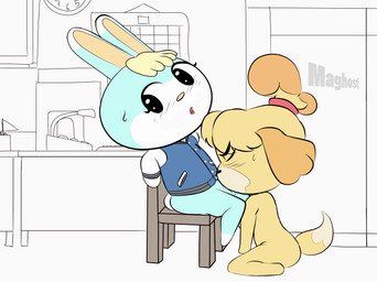 anthro blush bodily_fluids bottomless chair chibi clothed clothing duo eyes_closed featureless_feet featureless_hands feet fellatio female furniture kneeling looking_at_viewer male male/female nude on_chair on_model open_mouth oral penile sex sitting sweat maghost animal_crossing nintendo isabelle_(animal_crossing) sasha_(animal_crossing) canid canine canis domestic_dog lagomorph leporid mammal rabbit absurd_res hi_res